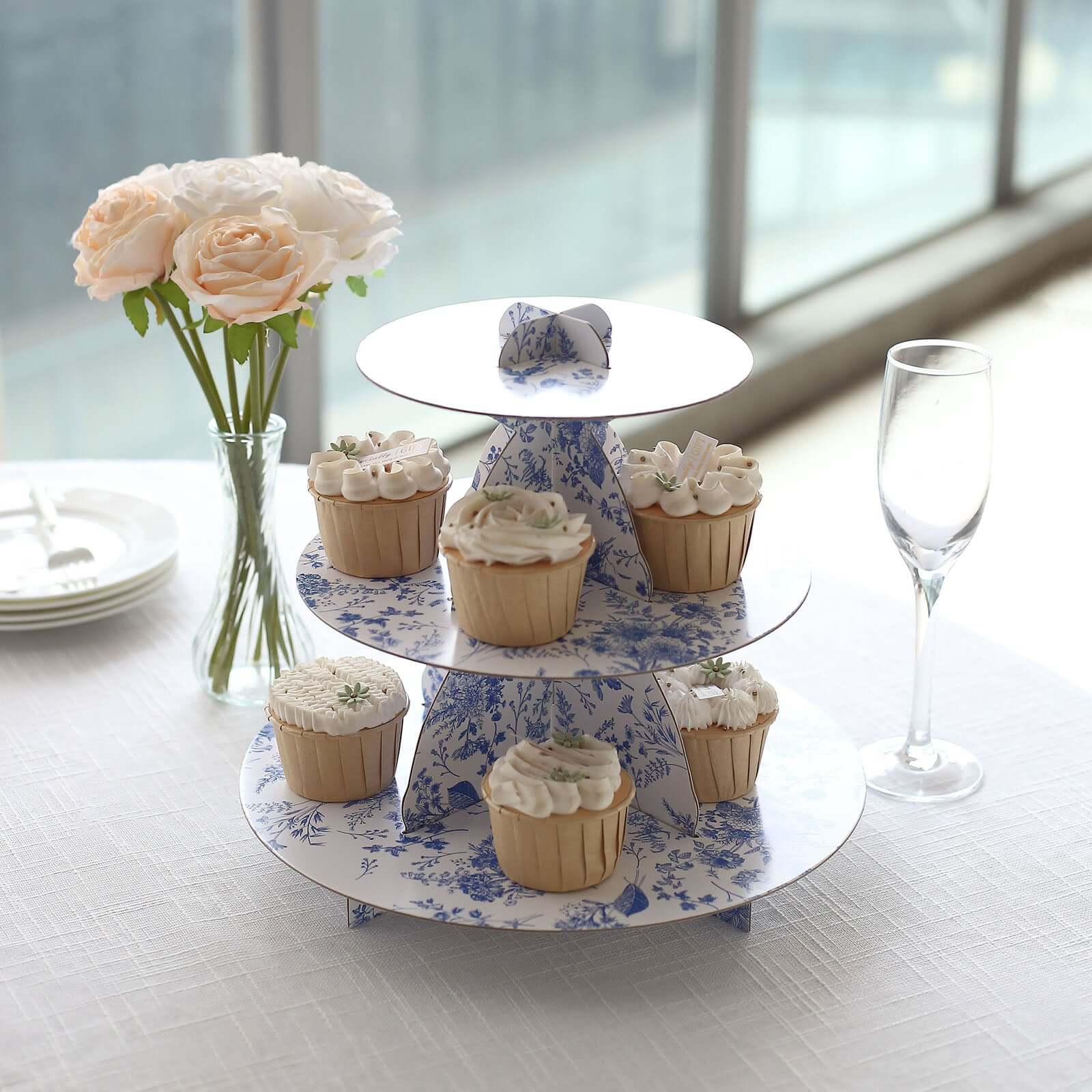 3 - Tier Cardboard Cupcake Stand White with Blue French Toile Pattern - Reusable Dessert Display Stand Round Serving Platter for High - Tea Gatherings Weddings & Spring Celebrations 11" - Bell Racket Store