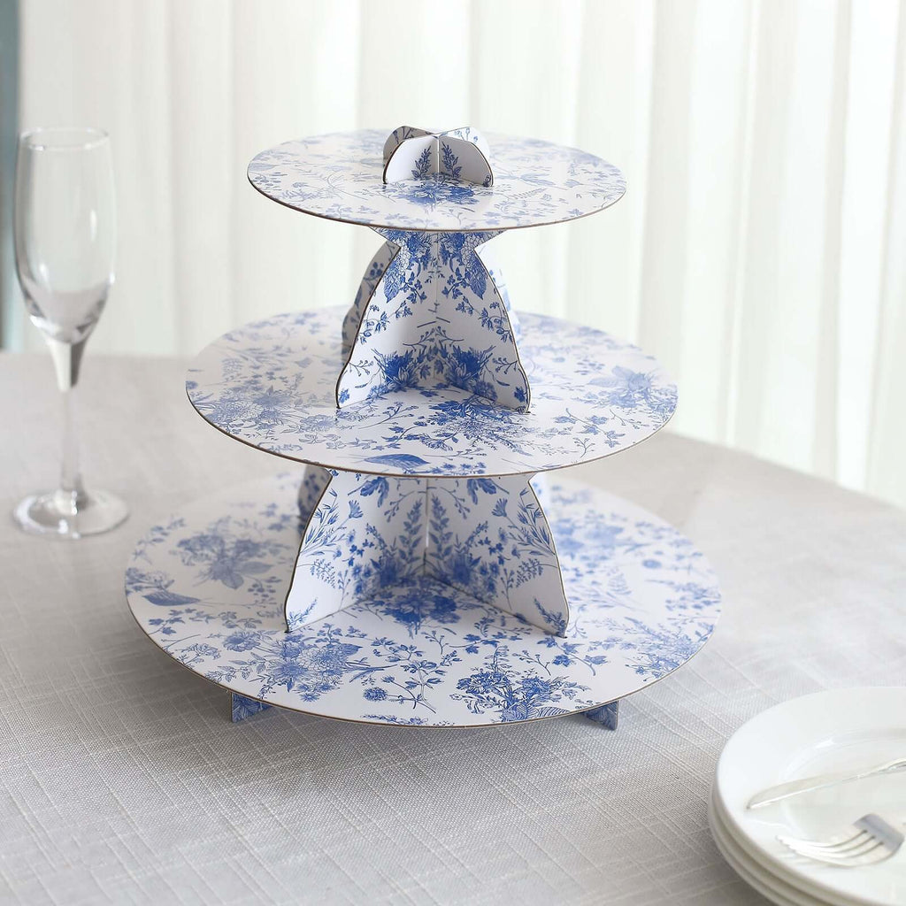 3 - Tier Cardboard Cupcake Stand White with Blue French Toile Pattern - Reusable Dessert Display Stand Round Serving Platter for High - Tea Gatherings Weddings & Spring Celebrations 11" - Bell Racket Store