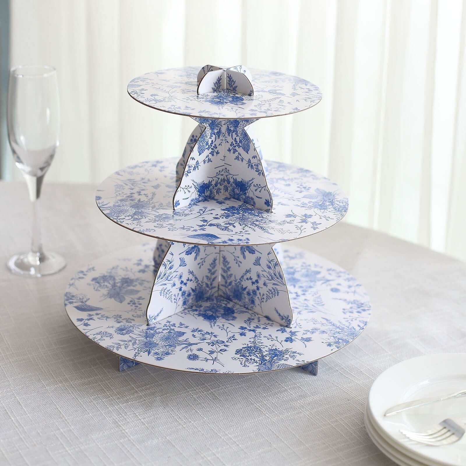 3 - Tier Cardboard Cupcake Stand White with Blue French Toile Pattern - Reusable Dessert Display Stand Round Serving Platter for High - Tea Gatherings Weddings & Spring Celebrations 11" - Bell Racket Store