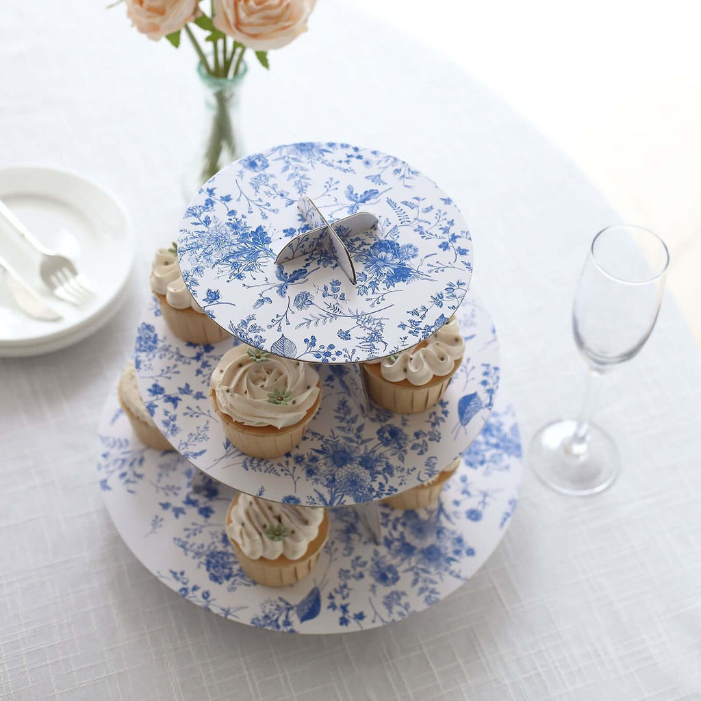 3 - Tier Cardboard Cupcake Stand White with Blue French Toile Pattern - Reusable Dessert Display Stand Round Serving Platter for High - Tea Gatherings Weddings & Spring Celebrations 11" - Bell Racket Store