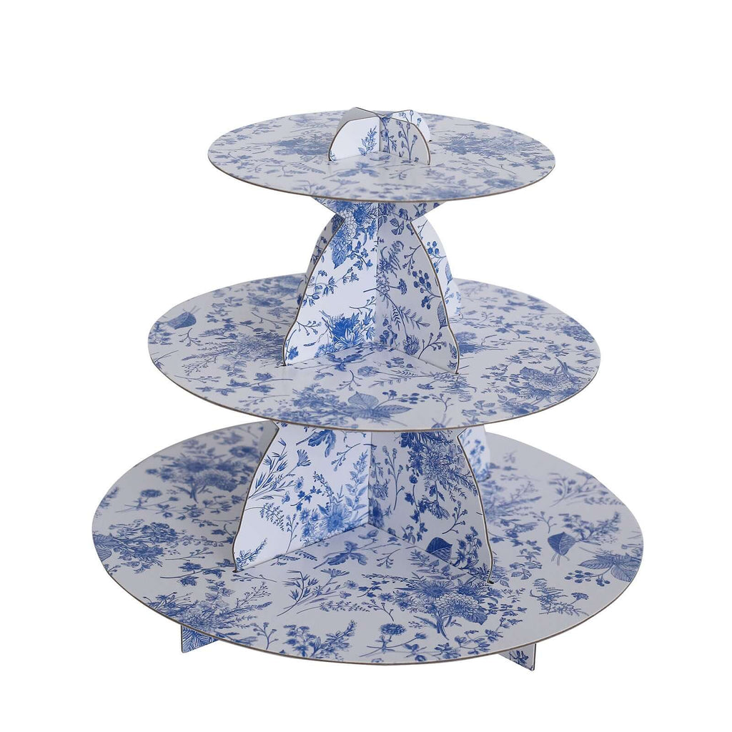 3 - Tier Cardboard Cupcake Stand White with Blue French Toile Pattern - Reusable Dessert Display Stand Round Serving Platter for High - Tea Gatherings Weddings & Spring Celebrations 11" - Bell Racket Store