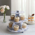 3 - Tier Cardboard Cupcake Stand White with Blue French Toile Pattern - Reusable Dessert Display Stand Round Serving Platter for High - Tea Gatherings Weddings & Spring Celebrations 11" - Bell Racket Store