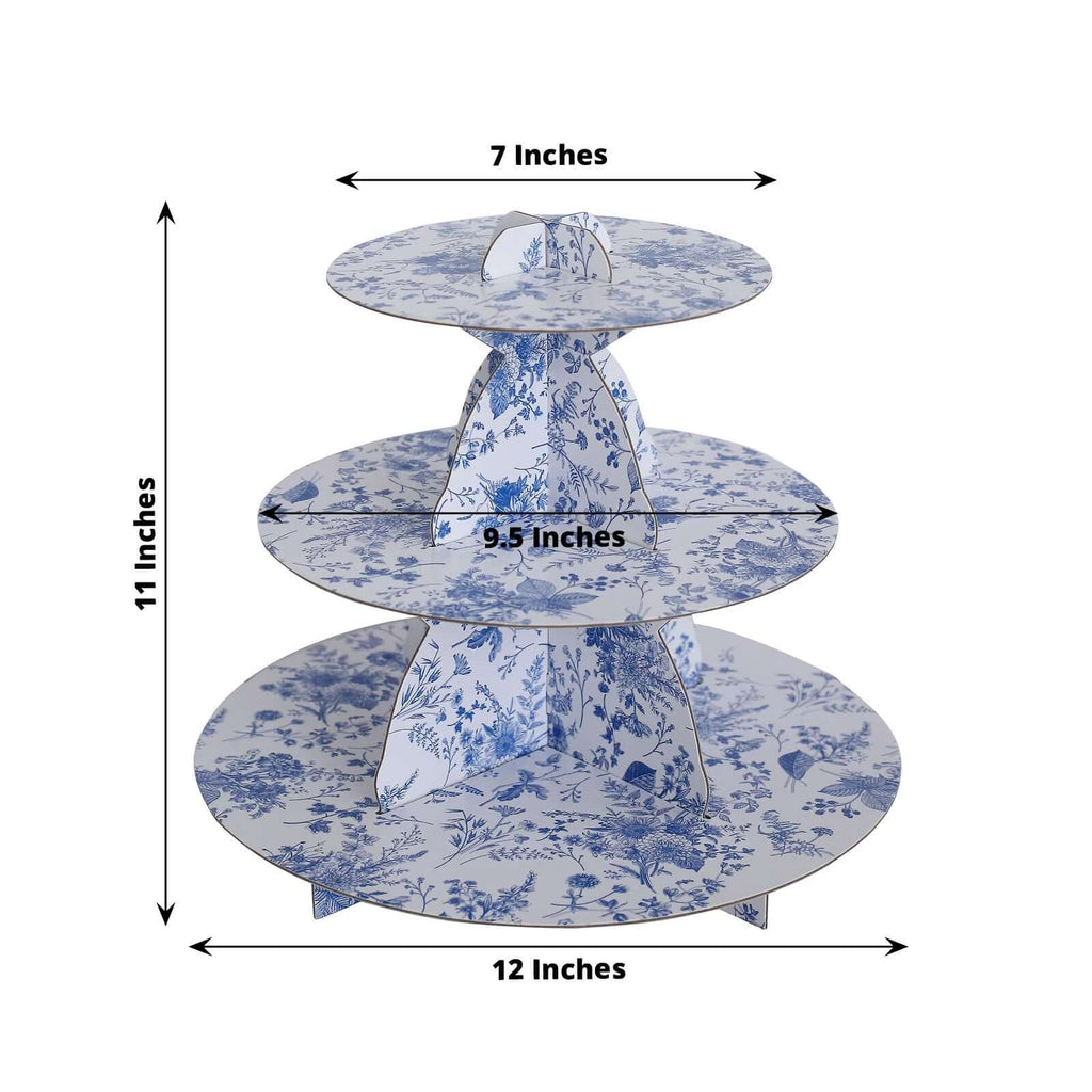 3 - Tier Cardboard Cupcake Stand White with Blue French Toile Pattern - Reusable Dessert Display Stand Round Serving Platter for High - Tea Gatherings Weddings & Spring Celebrations 11" - Bell Racket Store