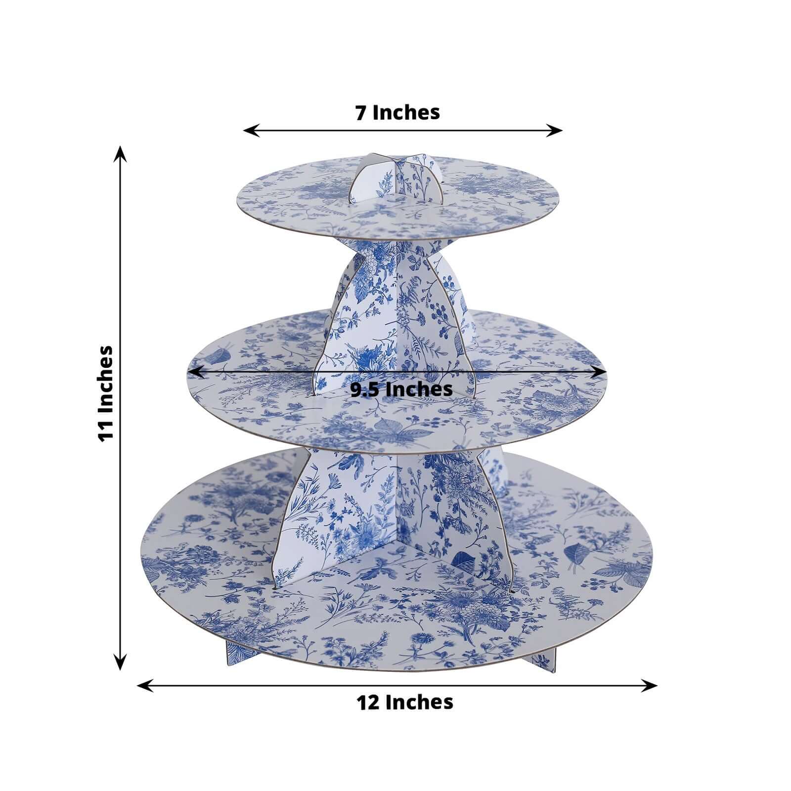 3 - Tier Cardboard Cupcake Stand White with Blue French Toile Pattern - Reusable Dessert Display Stand Round Serving Platter for High - Tea Gatherings Weddings & Spring Celebrations 11" - Bell Racket Store