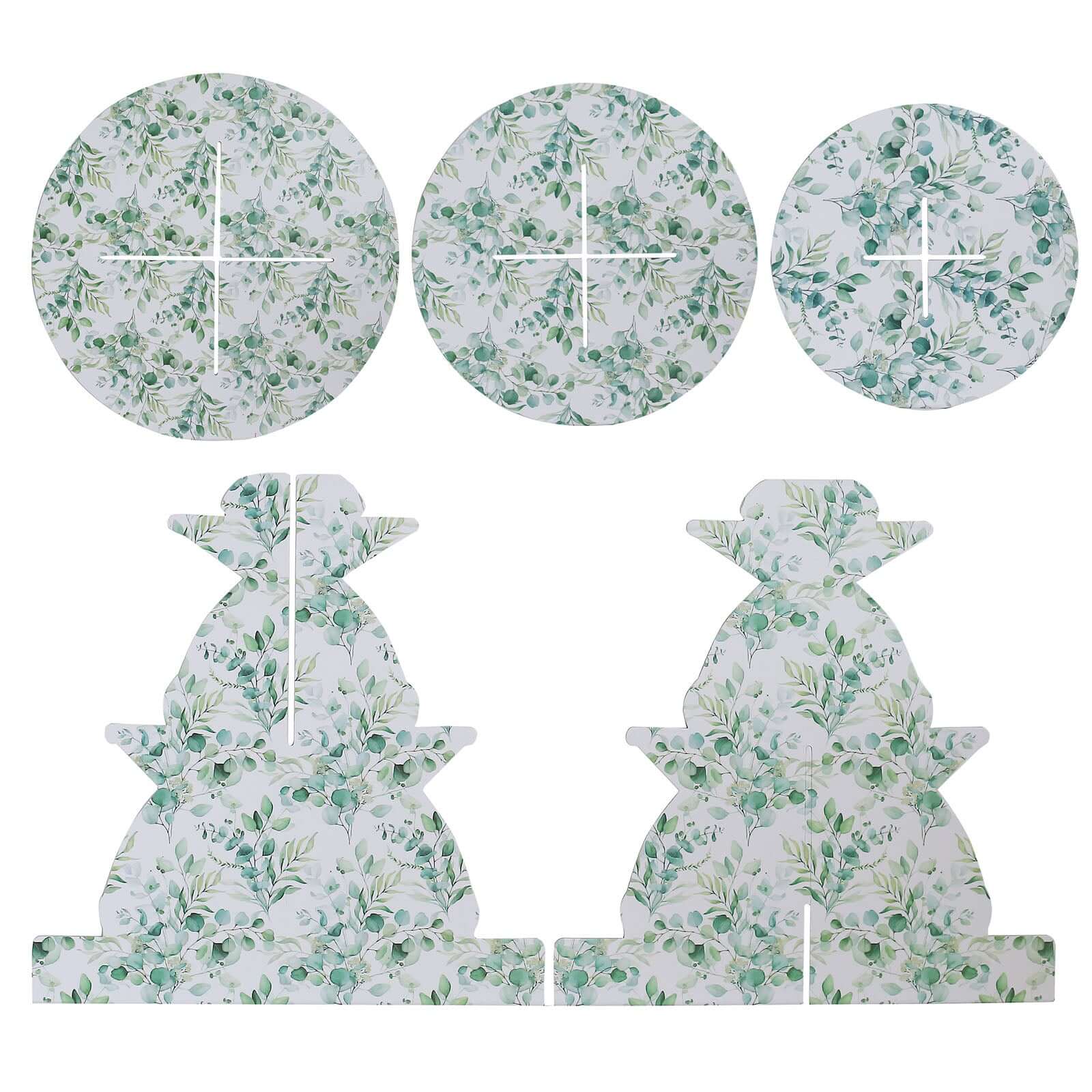 3 - Tier Cardboard Cupcake Stand White with Green Eucalyptus Leaves Pattern - Reusable Dessert Display Stand Round Serving Platter for High - Tea Gatherings Weddings & Spring Celebrations 11" - Bell Racket Store