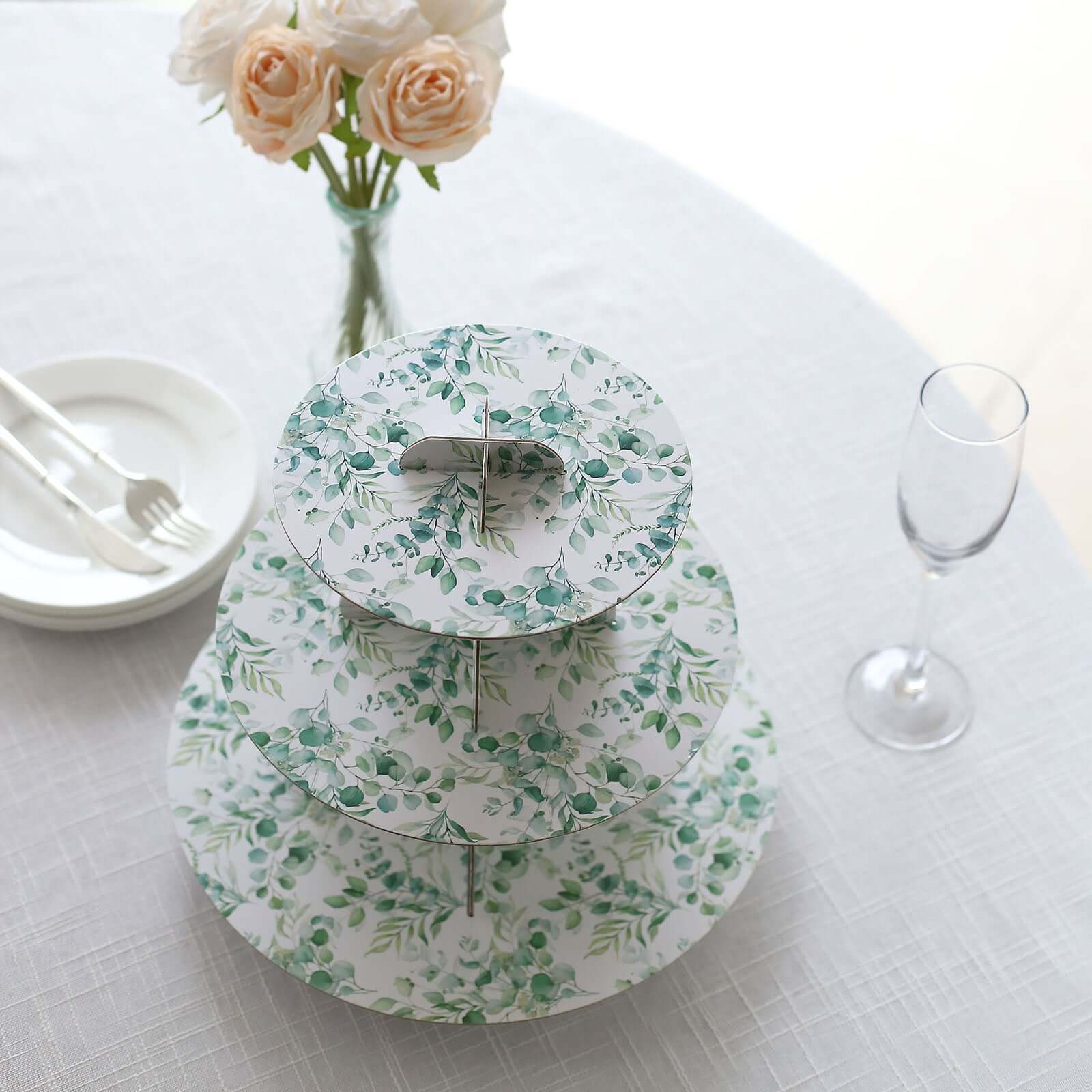 3 - Tier Cardboard Cupcake Stand White with Green Eucalyptus Leaves Pattern - Reusable Dessert Display Stand Round Serving Platter for High - Tea Gatherings Weddings & Spring Celebrations 11" - Bell Racket Store