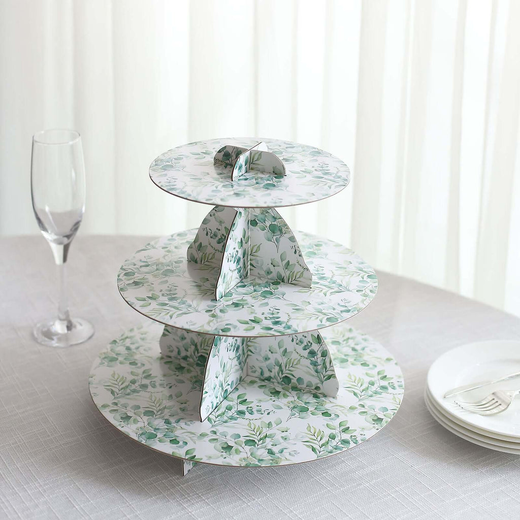 3 - Tier Cardboard Cupcake Stand White with Green Eucalyptus Leaves Pattern - Reusable Dessert Display Stand Round Serving Platter for High - Tea Gatherings Weddings & Spring Celebrations 11" - Bell Racket Store