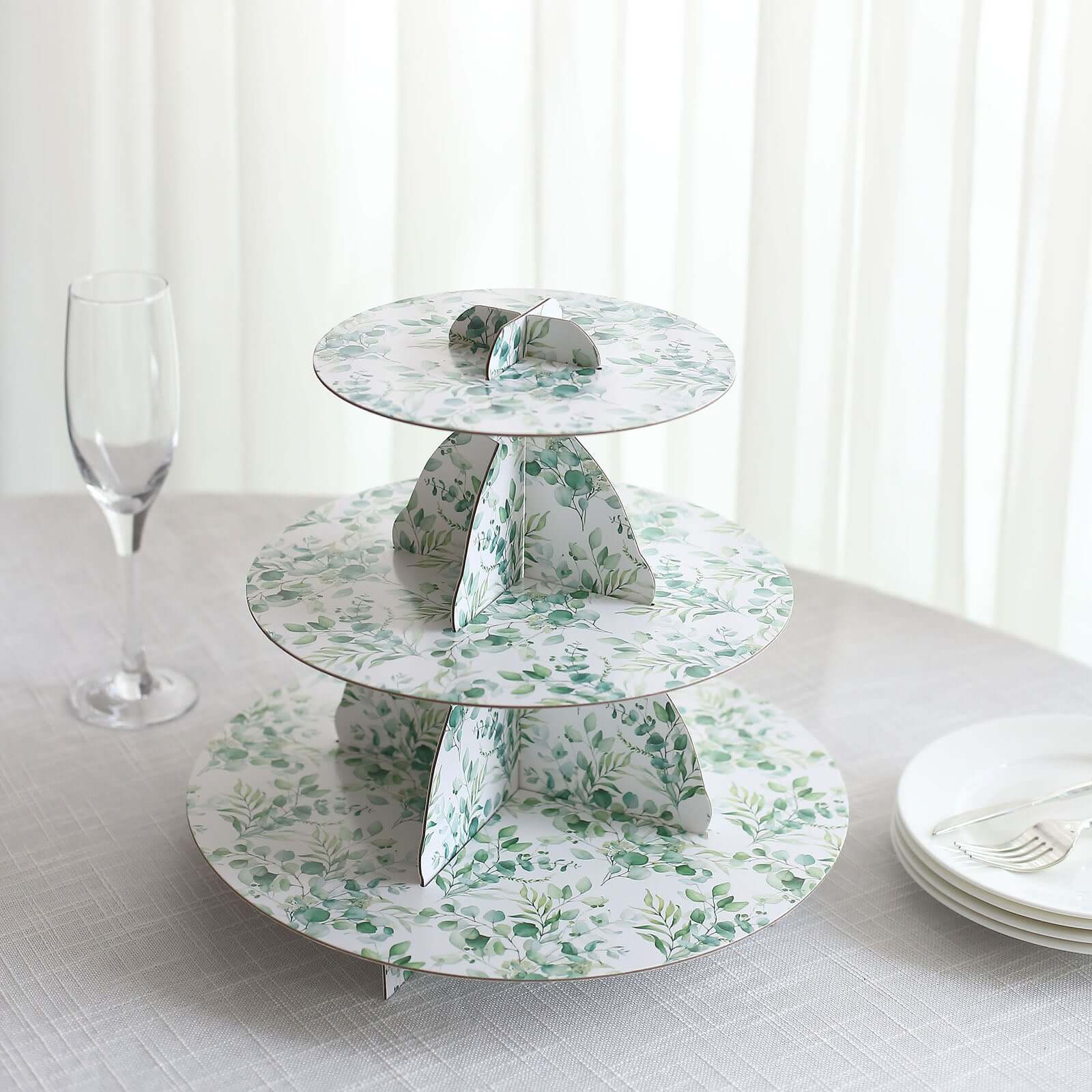 3 - Tier Cardboard Cupcake Stand White with Green Eucalyptus Leaves Pattern - Reusable Dessert Display Stand Round Serving Platter for High - Tea Gatherings Weddings & Spring Celebrations 11" - Bell Racket Store
