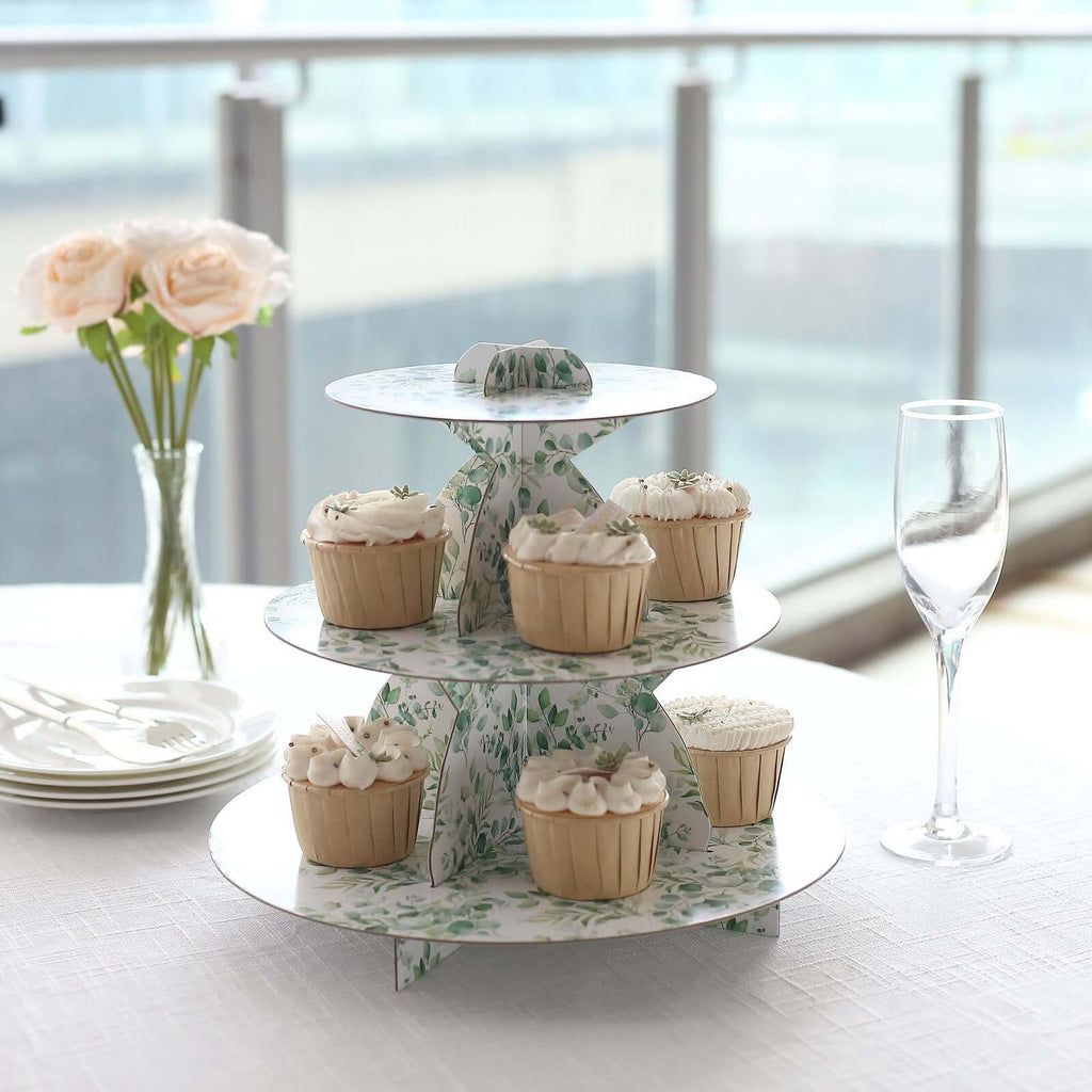 3 - Tier Cardboard Cupcake Stand White with Green Eucalyptus Leaves Pattern - Reusable Dessert Display Stand Round Serving Platter for High - Tea Gatherings Weddings & Spring Celebrations 11" - Bell Racket Store