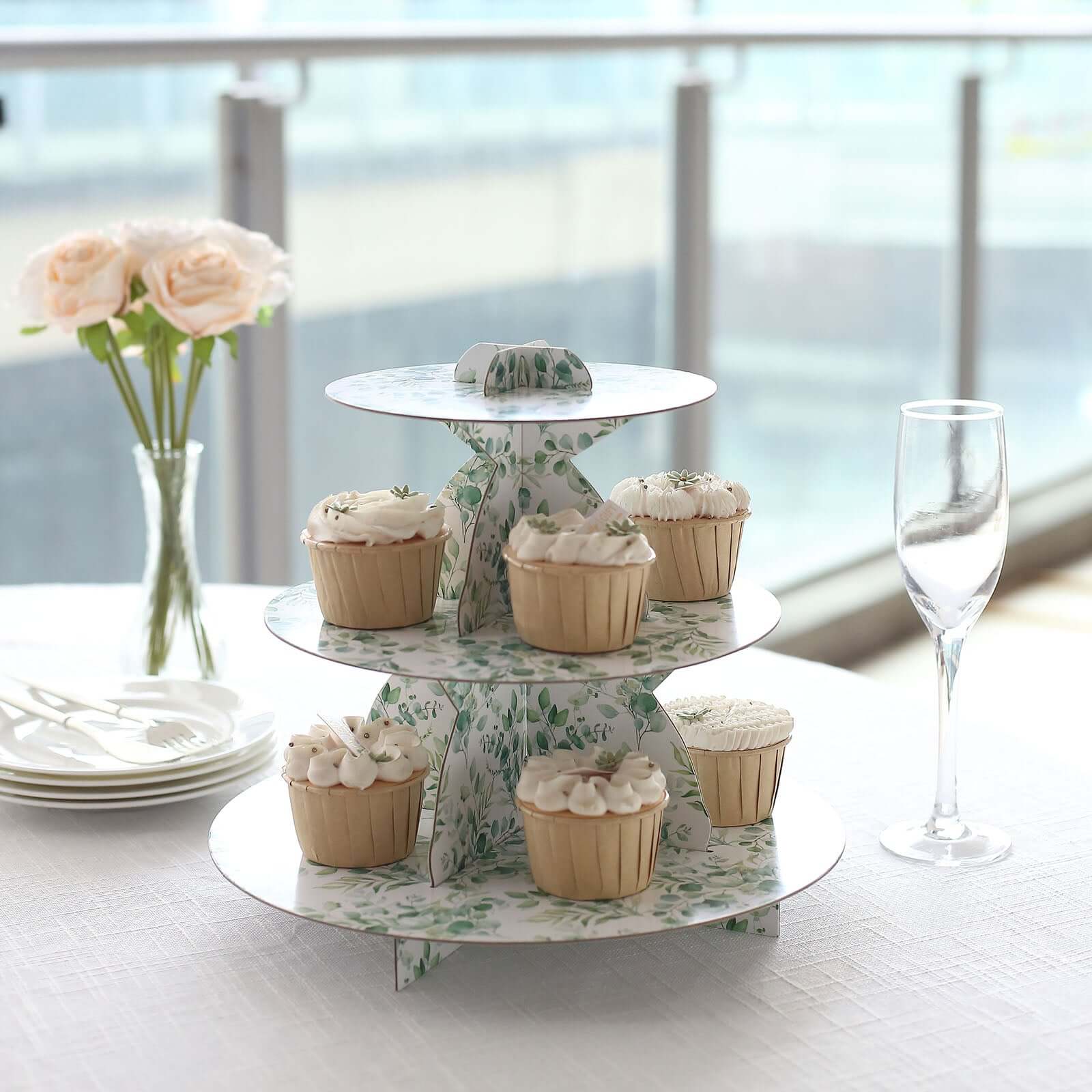 3 - Tier Cardboard Cupcake Stand White with Green Eucalyptus Leaves Pattern - Reusable Dessert Display Stand Round Serving Platter for High - Tea Gatherings Weddings & Spring Celebrations 11" - Bell Racket Store