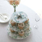3 - Tier Cardboard Cupcake Stand White with Green Eucalyptus Leaves Pattern - Reusable Dessert Display Stand Round Serving Platter for High - Tea Gatherings Weddings & Spring Celebrations 11" - Bell Racket Store