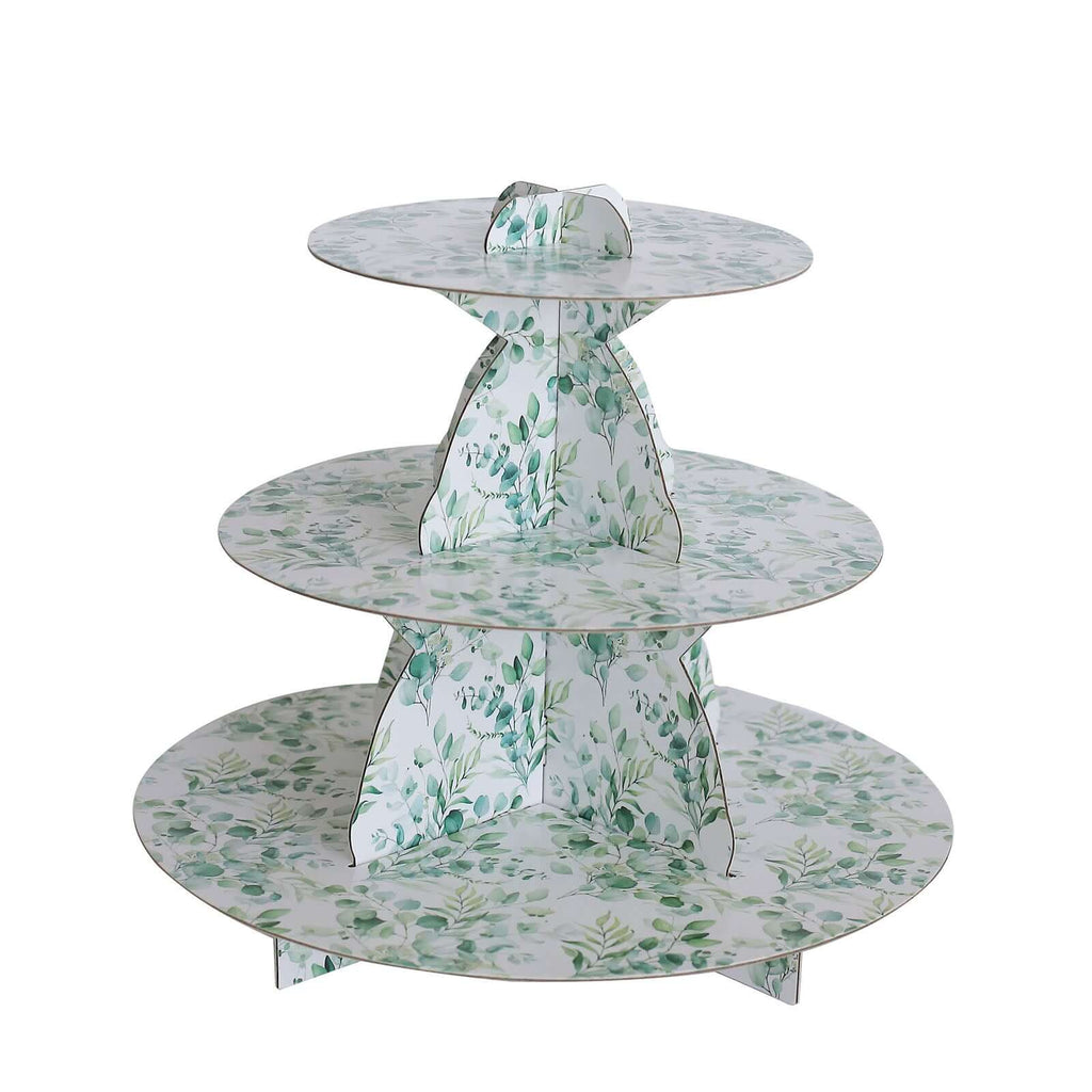 3 - Tier Cardboard Cupcake Stand White with Green Eucalyptus Leaves Pattern - Reusable Dessert Display Stand Round Serving Platter for High - Tea Gatherings Weddings & Spring Celebrations 11" - Bell Racket Store
