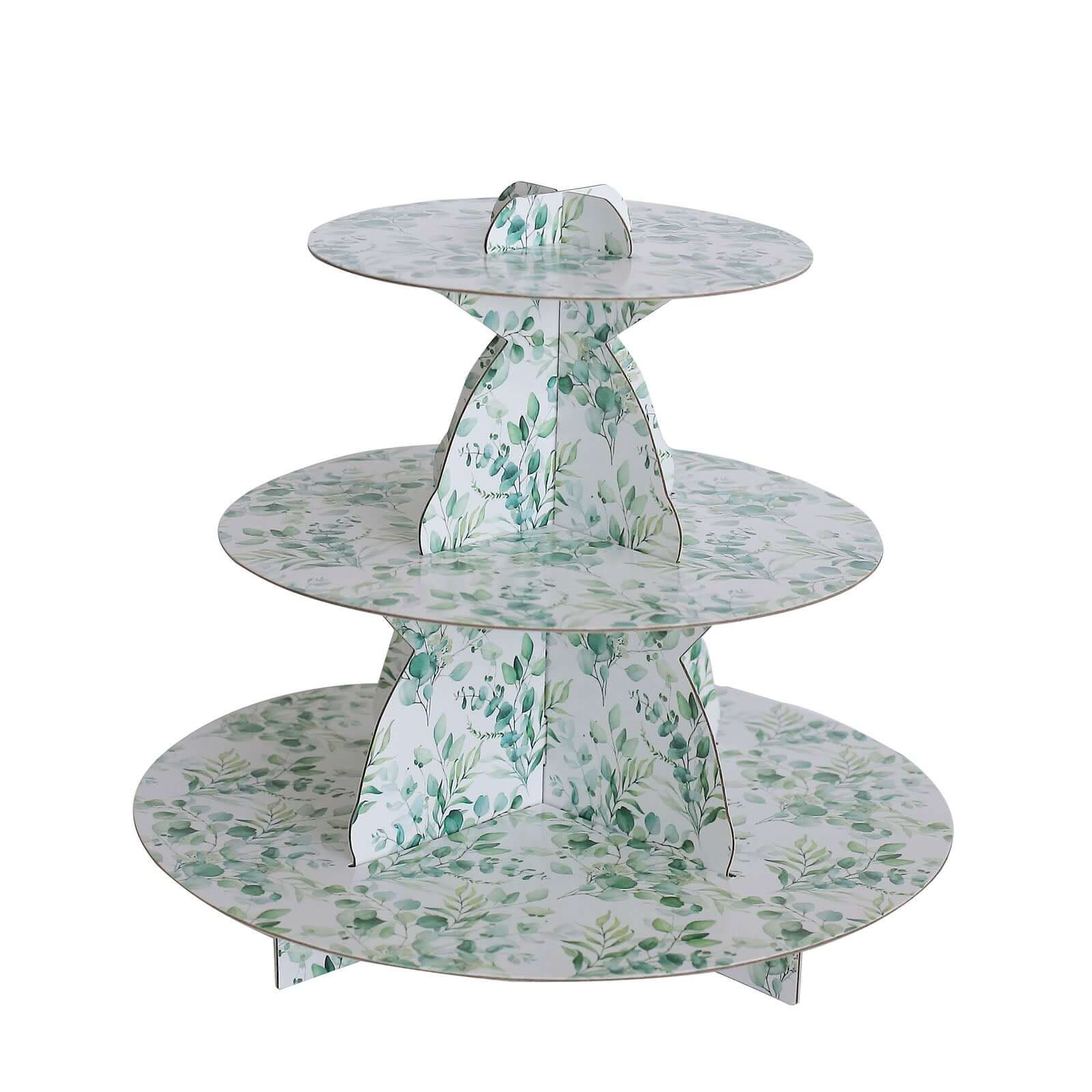 3 - Tier Cardboard Cupcake Stand White with Green Eucalyptus Leaves Pattern - Reusable Dessert Display Stand Round Serving Platter for High - Tea Gatherings Weddings & Spring Celebrations 11" - Bell Racket Store