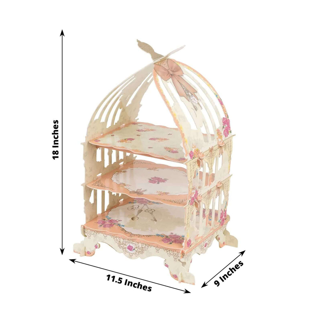 3 Tier Cardboard Cupcake Stand White/Peach Birdcage Style - Charming Reusable Cake Display Holder with Floral Print for Dessert Bars Afternoon Teas & Party Decor 18" - Bell Racket Store