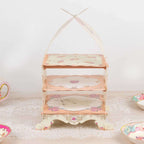 3 Tier Cardboard Cupcake Stand White/Peach Birdcage Style - Charming Reusable Cake Display Holder with Floral Print for Dessert Bars Afternoon Teas & Party Decor 18" - Bell Racket Store