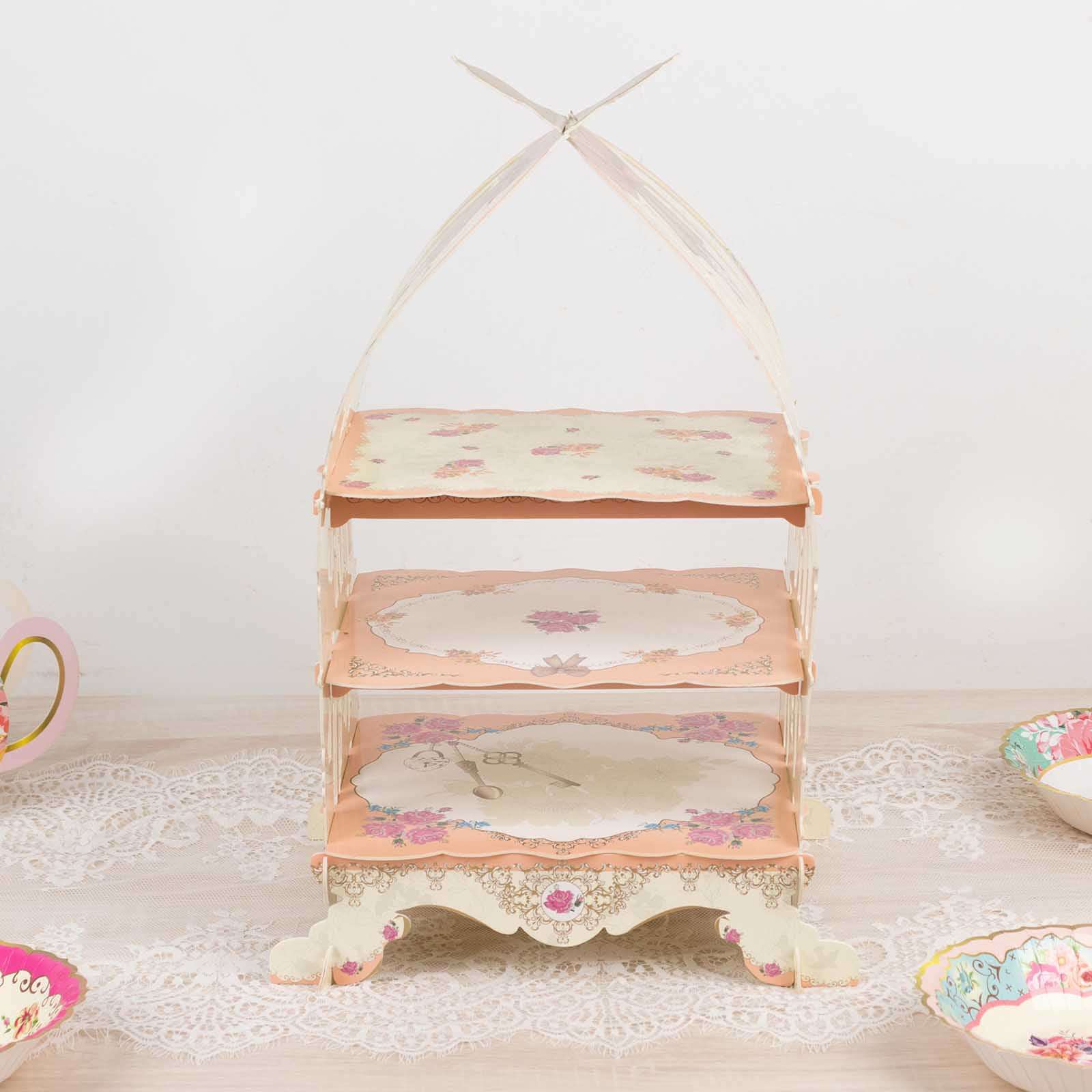 3 Tier Cardboard Cupcake Stand White/Peach Birdcage Style - Charming Reusable Cake Display Holder with Floral Print for Dessert Bars Afternoon Teas & Party Decor 18" - Bell Racket Store