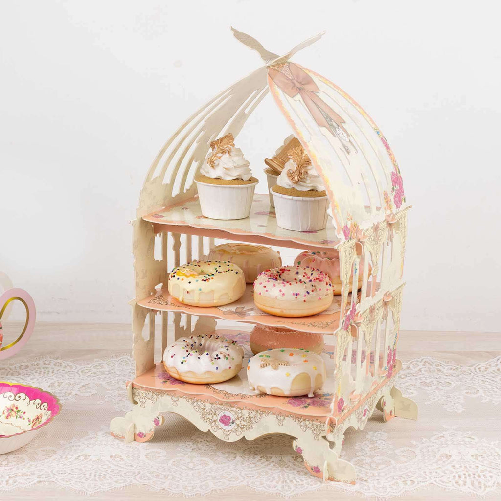 3 Tier Cardboard Cupcake Stand White/Peach Birdcage Style - Charming Reusable Cake Display Holder with Floral Print for Dessert Bars Afternoon Teas & Party Decor 18" - Bell Racket Store