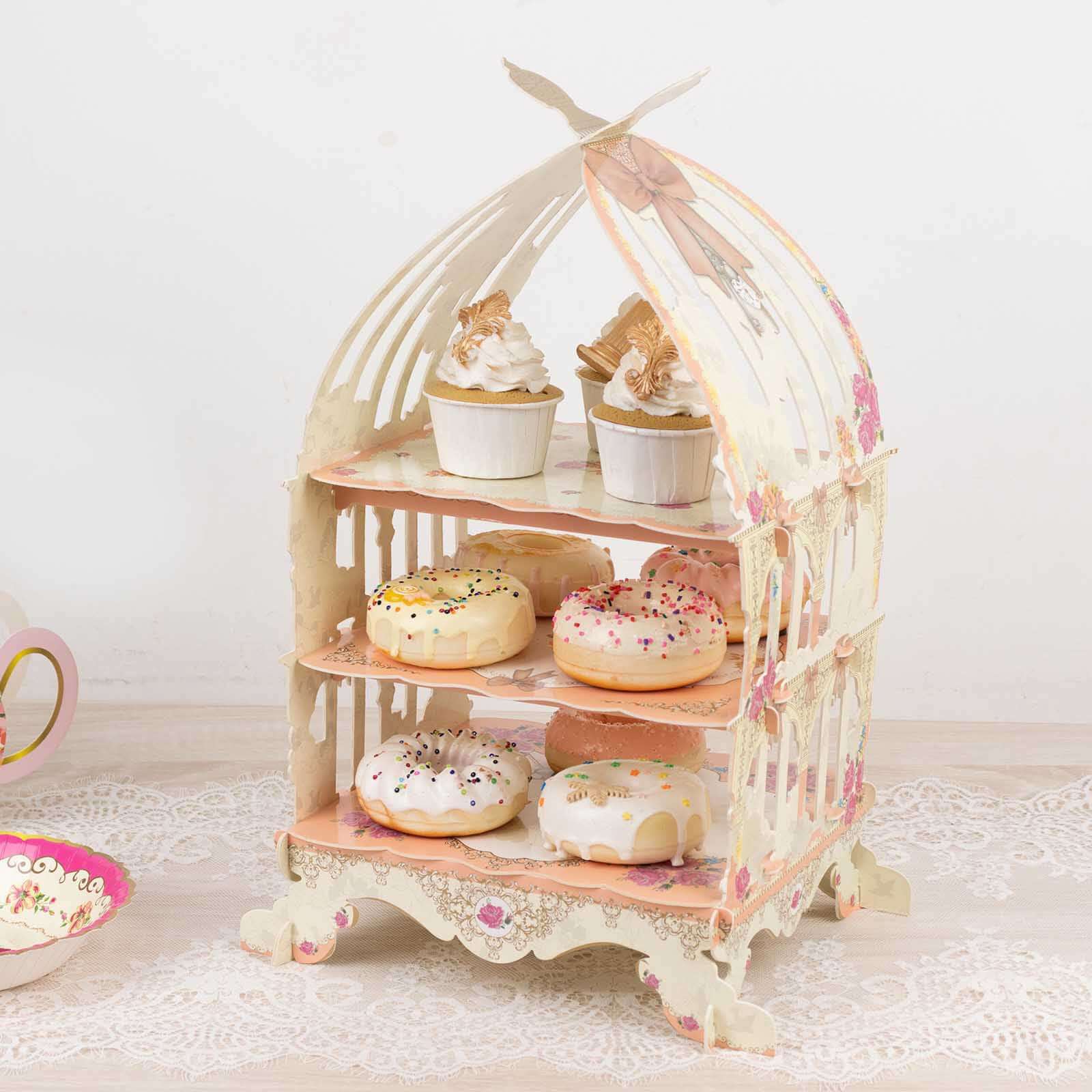 3 Tier Cardboard Cupcake Stand White/Peach Birdcage Style - Charming Reusable Cake Display Holder with Floral Print for Dessert Bars Afternoon Teas & Party Decor 18" - Bell Racket Store