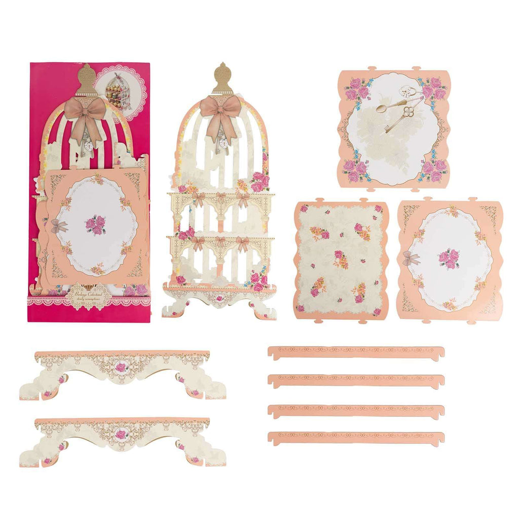 3 Tier Cardboard Cupcake Stand White/Peach Birdcage Style - Charming Reusable Cake Display Holder with Floral Print for Dessert Bars Afternoon Teas & Party Decor 18" - Bell Racket Store