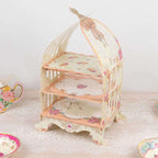 3 Tier Cardboard Cupcake Stand White/Peach Birdcage Style - Charming Reusable Cake Display Holder with Floral Print for Dessert Bars Afternoon Teas & Party Decor 18" - Bell Racket Store