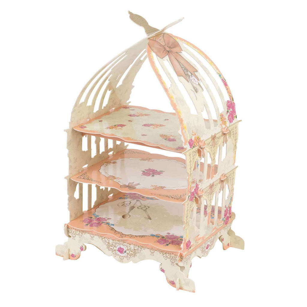 3 Tier Cardboard Cupcake Stand White/Peach Birdcage Style - Charming Reusable Cake Display Holder with Floral Print for Dessert Bars Afternoon Teas & Party Decor 18" - Bell Racket Store