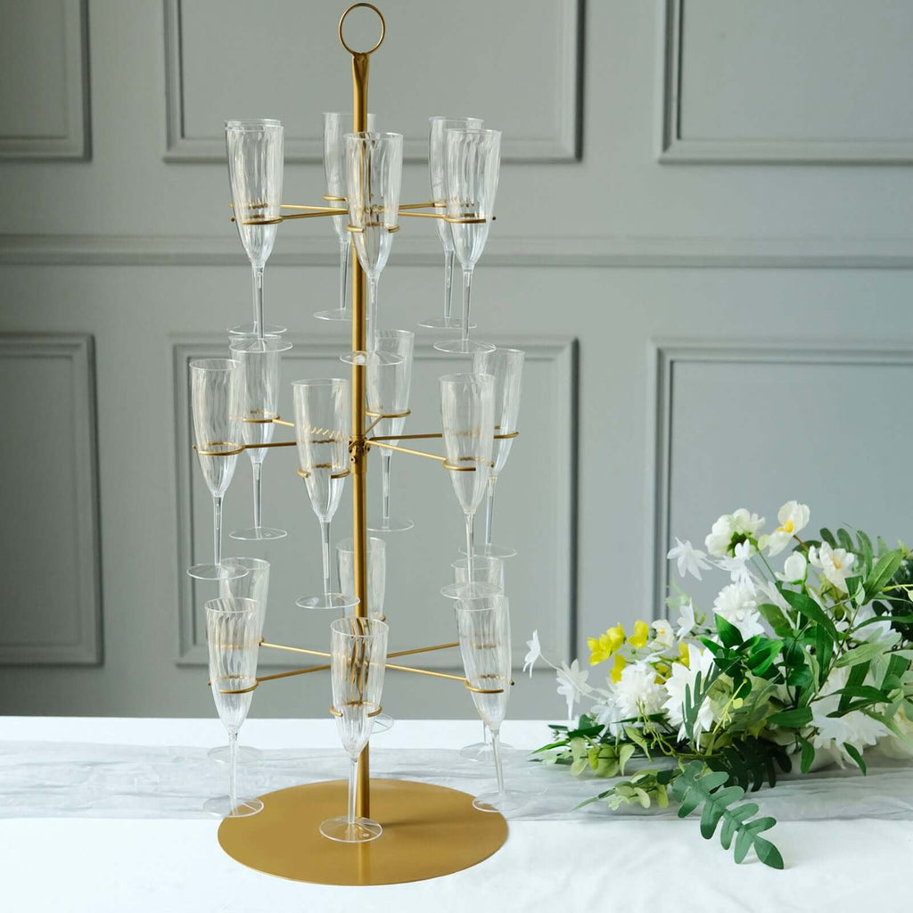 3 - Tier Champagne Glass Holder Tower Gold - Modern Metal Flute Display Rack Cocktail Tree Stand for Professional & Home Use 33" - Bell Racket Store