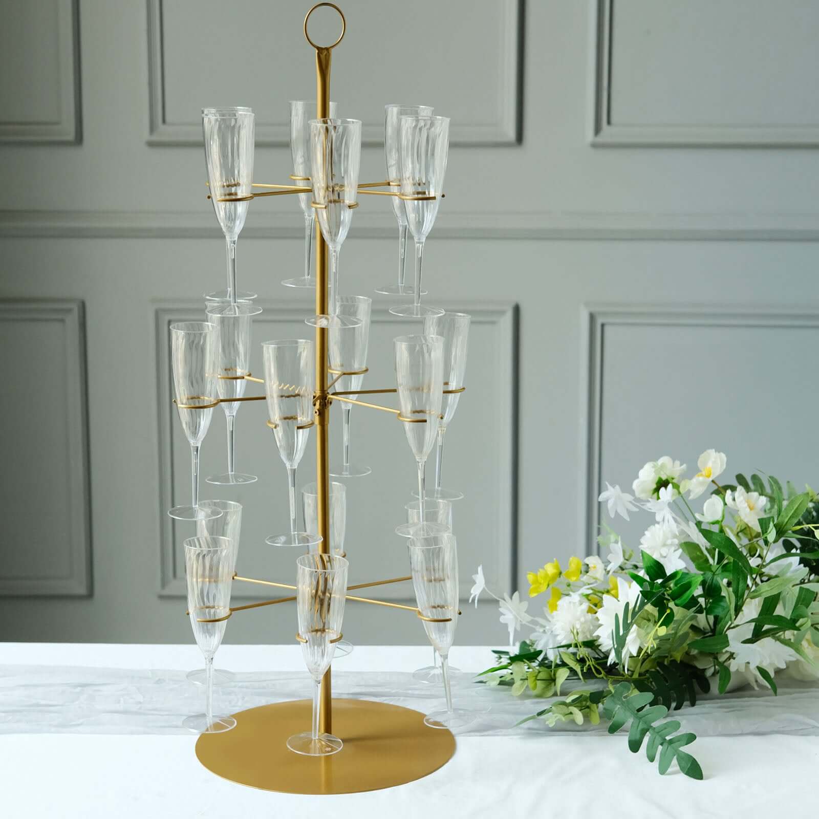 3 - Tier Champagne Glass Holder Tower Gold - Modern Metal Flute Display Rack Cocktail Tree Stand for Professional & Home Use 33" - Bell Racket Store