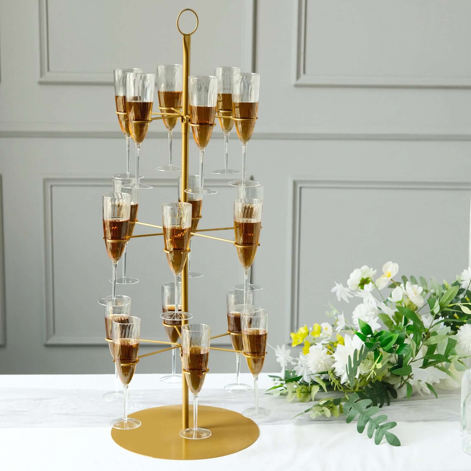 3 - Tier Champagne Glass Holder Tower Gold - Modern Metal Flute Display Rack Cocktail Tree Stand for Professional & Home Use 33" - Bell Racket Store