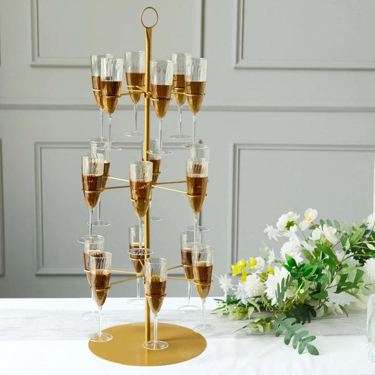 3 - Tier Champagne Glass Holder Tower Gold - Modern Metal Flute Display Rack Cocktail Tree Stand for Professional & Home Use 33" - Bell Racket Store