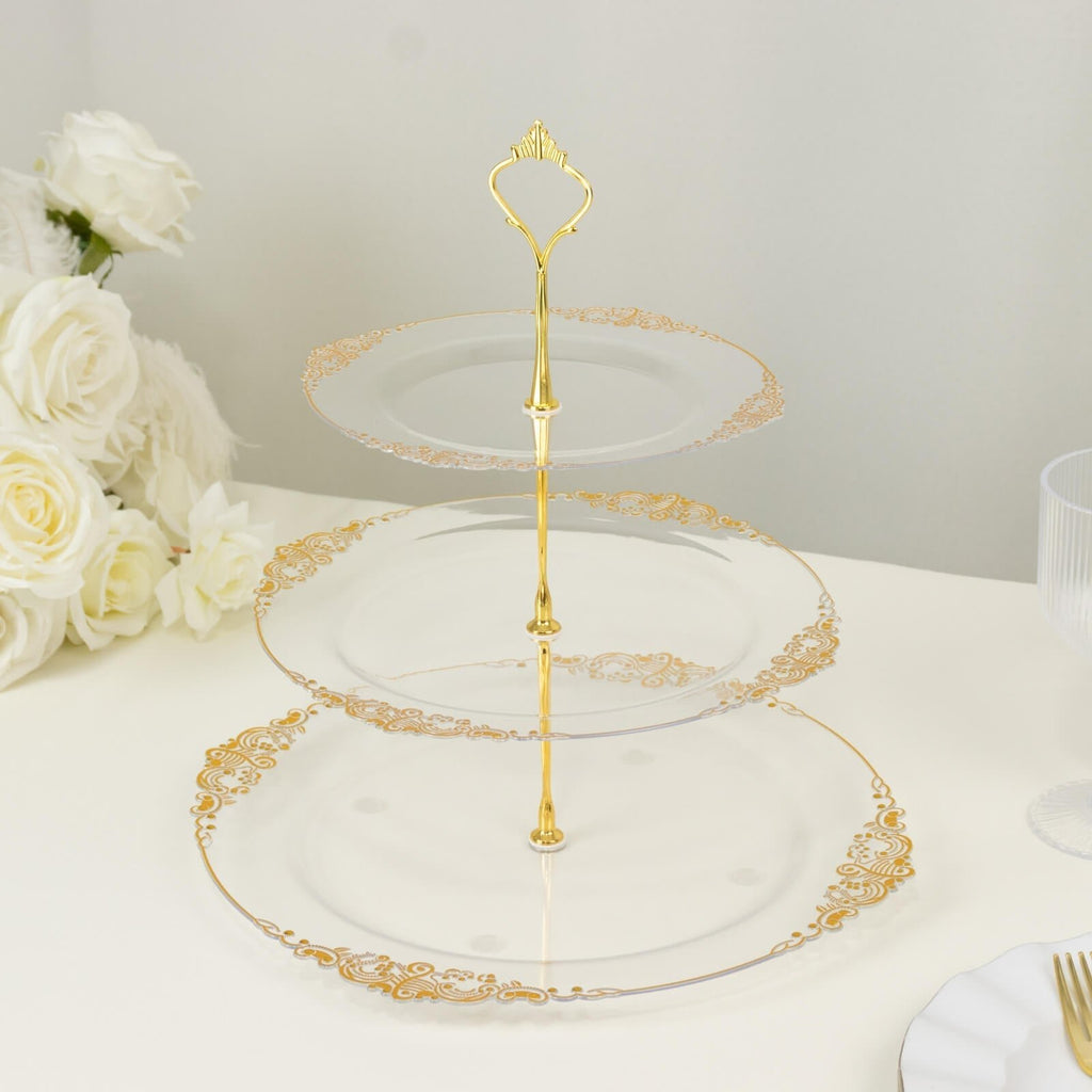 3 - Tier Clear Plastic Cupcake Tower Stand with Gold Embossed Baroque Rim, 13" Round Cake Dessert Holder Display Stand Tiered Serving Tray with Top Handle - Bell Racket Store