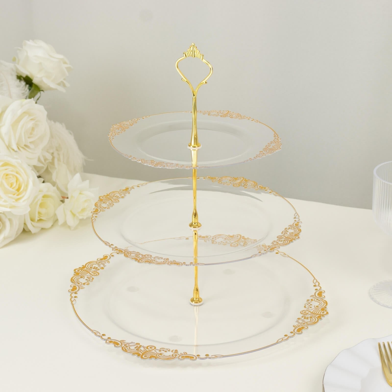 3 - Tier Clear Plastic Cupcake Tower Stand with Gold Embossed Baroque Rim, 13" Round Cake Dessert Holder Display Stand Tiered Serving Tray with Top Handle - Bell Racket Store