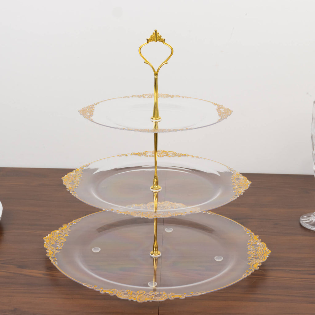 3 - Tier Clear Plastic Cupcake Tower Stand with Gold Embossed Baroque Rim, 13" Round Cake Dessert Holder Display Stand Tiered Serving Tray with Top Handle - Bell Racket Store