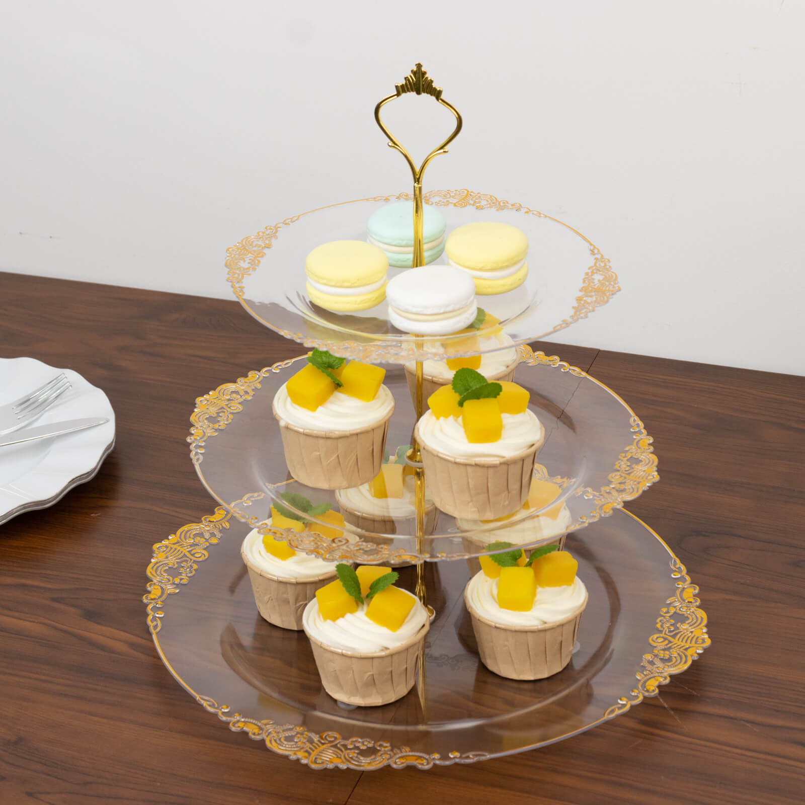 3 - Tier Clear Plastic Cupcake Tower Stand with Gold Embossed Baroque Rim, 13" Round Cake Dessert Holder Display Stand Tiered Serving Tray with Top Handle - Bell Racket Store