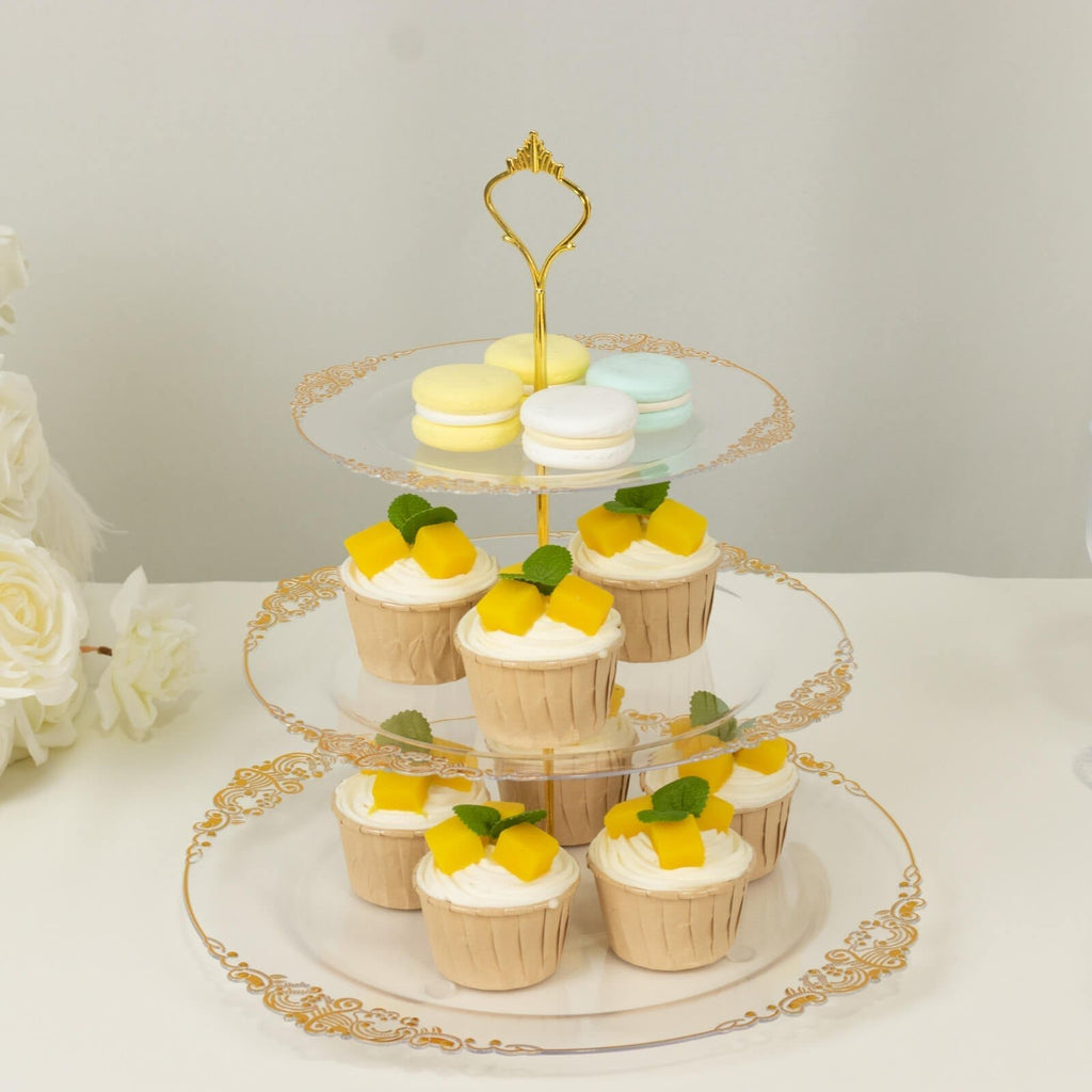 3 - Tier Clear Plastic Cupcake Tower Stand with Gold Embossed Baroque Rim, 13" Round Cake Dessert Holder Display Stand Tiered Serving Tray with Top Handle - Bell Racket Store