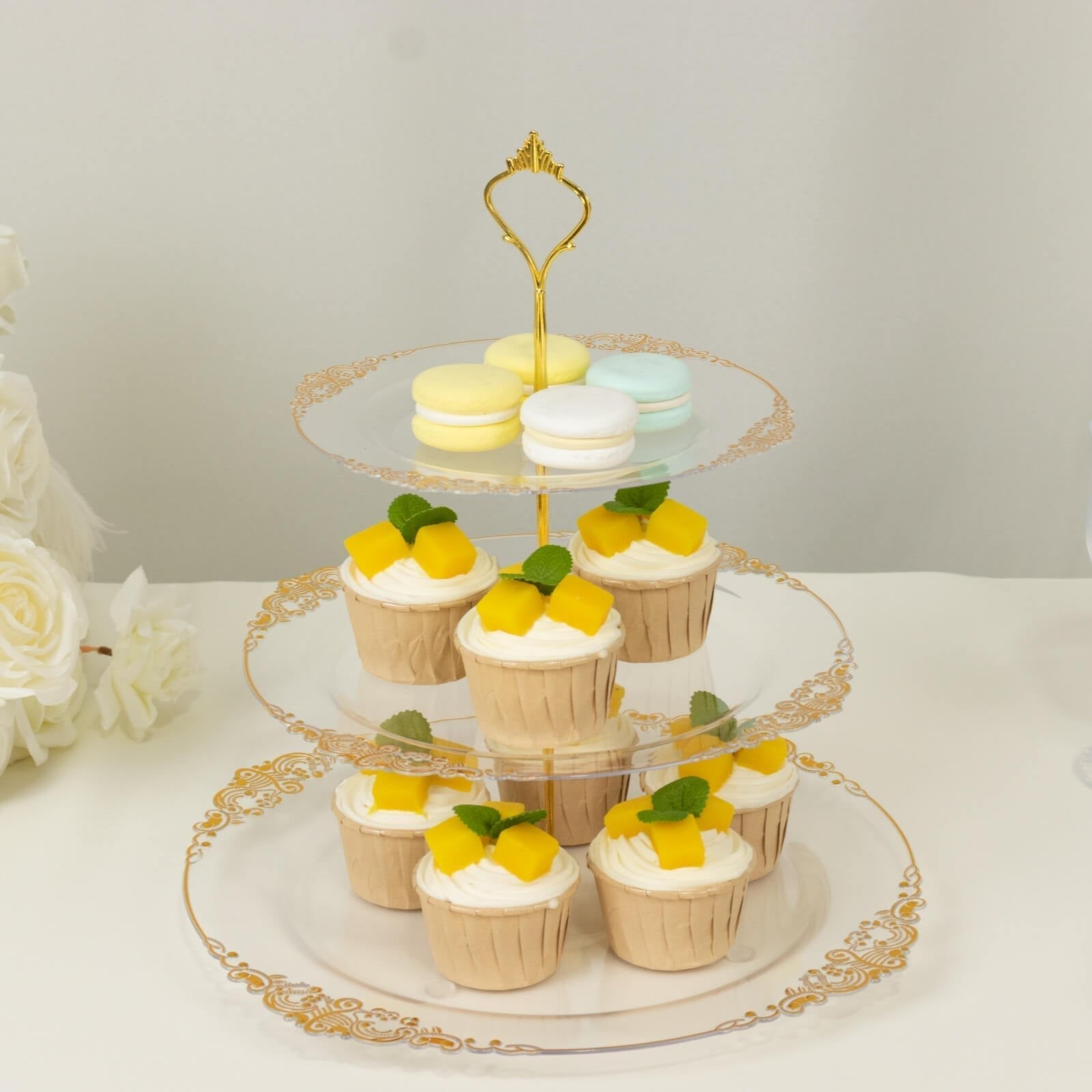 3 - Tier Clear Plastic Cupcake Tower Stand with Gold Embossed Baroque Rim, 13" Round Cake Dessert Holder Display Stand Tiered Serving Tray with Top Handle - Bell Racket Store