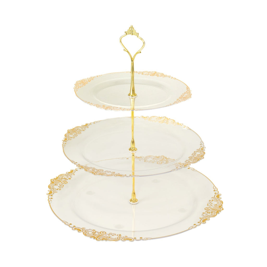 3 - Tier Clear Plastic Cupcake Tower Stand with Gold Embossed Baroque Rim, 13" Round Cake Dessert Holder Display Stand Tiered Serving Tray with Top Handle - Bell Racket Store