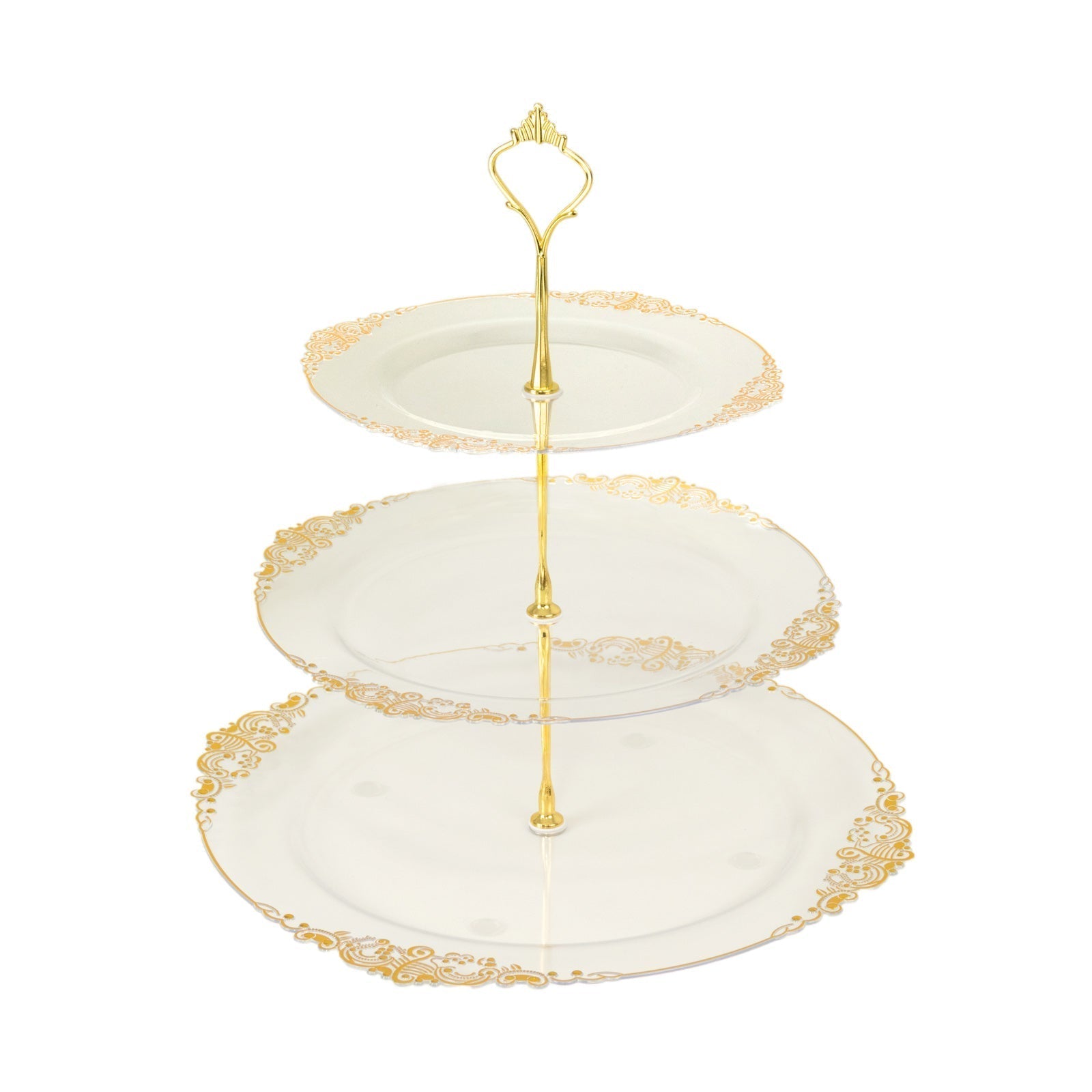 3 - Tier Clear Plastic Cupcake Tower Stand with Gold Embossed Baroque Rim, 13" Round Cake Dessert Holder Display Stand Tiered Serving Tray with Top Handle - Bell Racket Store