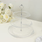 3 - Tier Clear Plastic Cupcake Tower Stand with Silver Embossed Baroque Rim, 13" Round Cake Dessert Holder Display Stand Tiered Serving Tray with Top Handle - Bell Racket Store