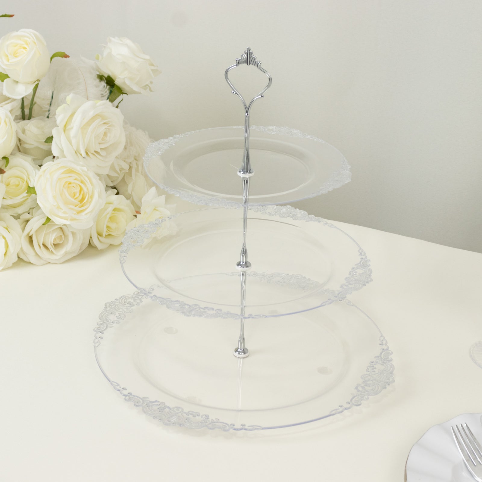 3 - Tier Clear Plastic Cupcake Tower Stand with Silver Embossed Baroque Rim, 13" Round Cake Dessert Holder Display Stand Tiered Serving Tray with Top Handle - Bell Racket Store