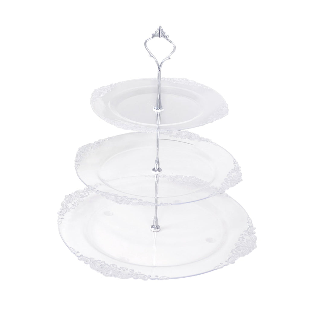 3 - Tier Clear Plastic Cupcake Tower Stand with Silver Embossed Baroque Rim, 13" Round Cake Dessert Holder Display Stand Tiered Serving Tray with Top Handle - Bell Racket Store