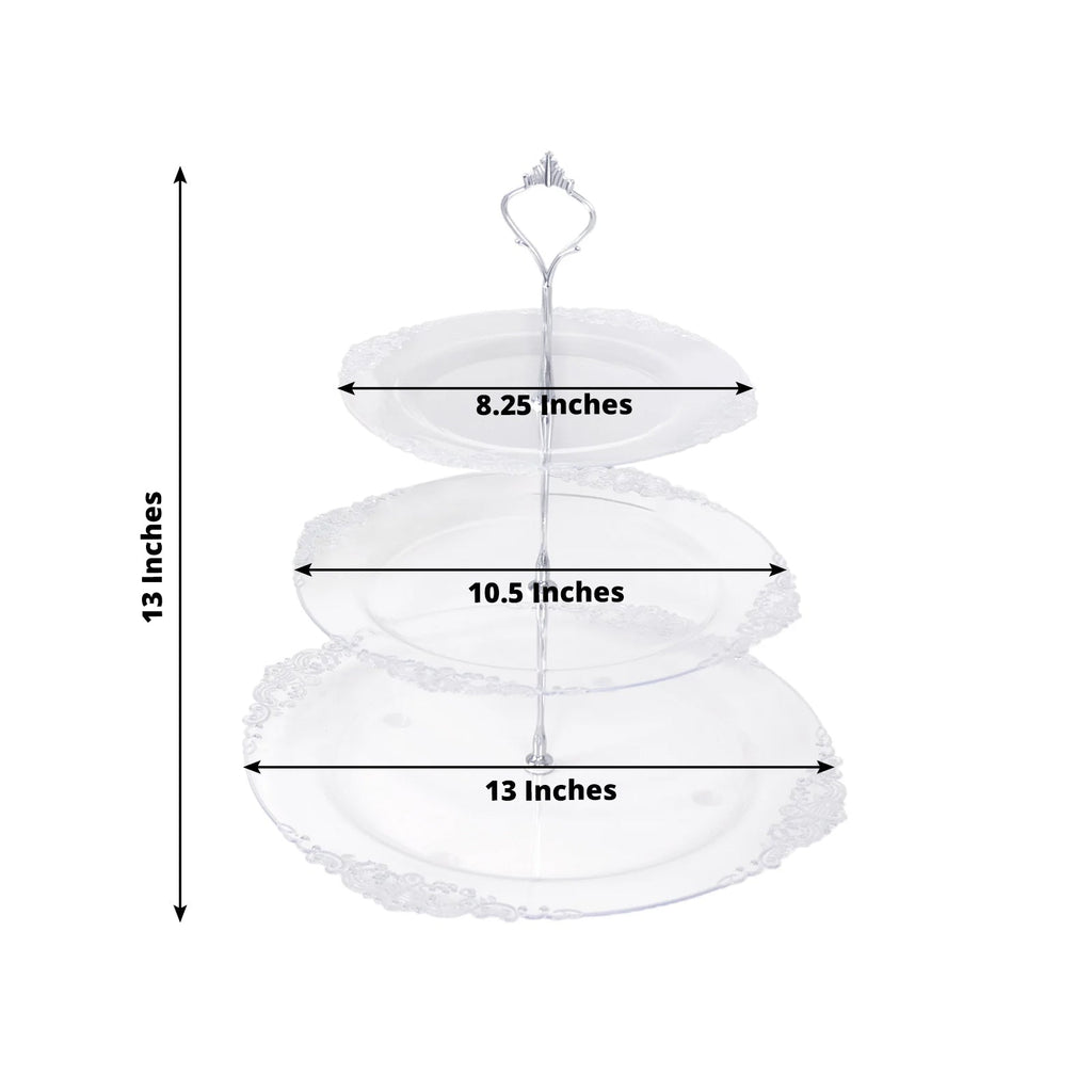 3 - Tier Clear Plastic Cupcake Tower Stand with Silver Embossed Baroque Rim, 13" Round Cake Dessert Holder Display Stand Tiered Serving Tray with Top Handle - Bell Racket Store