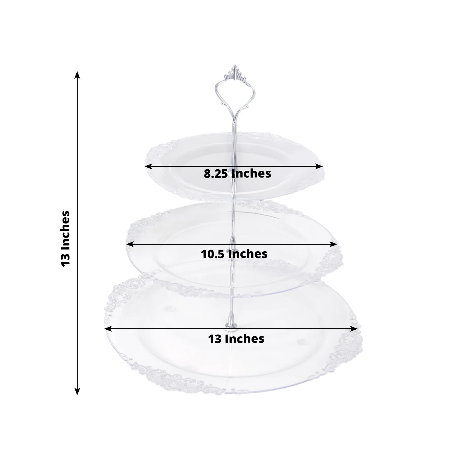 3 - Tier Clear Plastic Cupcake Tower Stand with Silver Embossed Baroque Rim, 13" Round Cake Dessert Holder Display Stand Tiered Serving Tray with Top Handle - Bell Racket Store