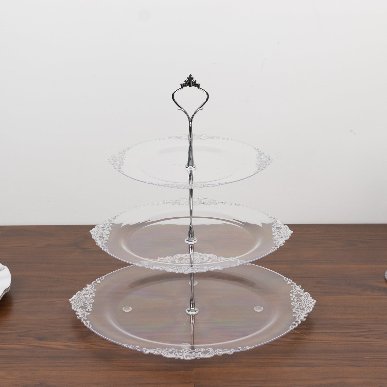 3 - Tier Clear Plastic Cupcake Tower Stand with Silver Embossed Baroque Rim, 13" Round Cake Dessert Holder Display Stand Tiered Serving Tray with Top Handle - Bell Racket Store