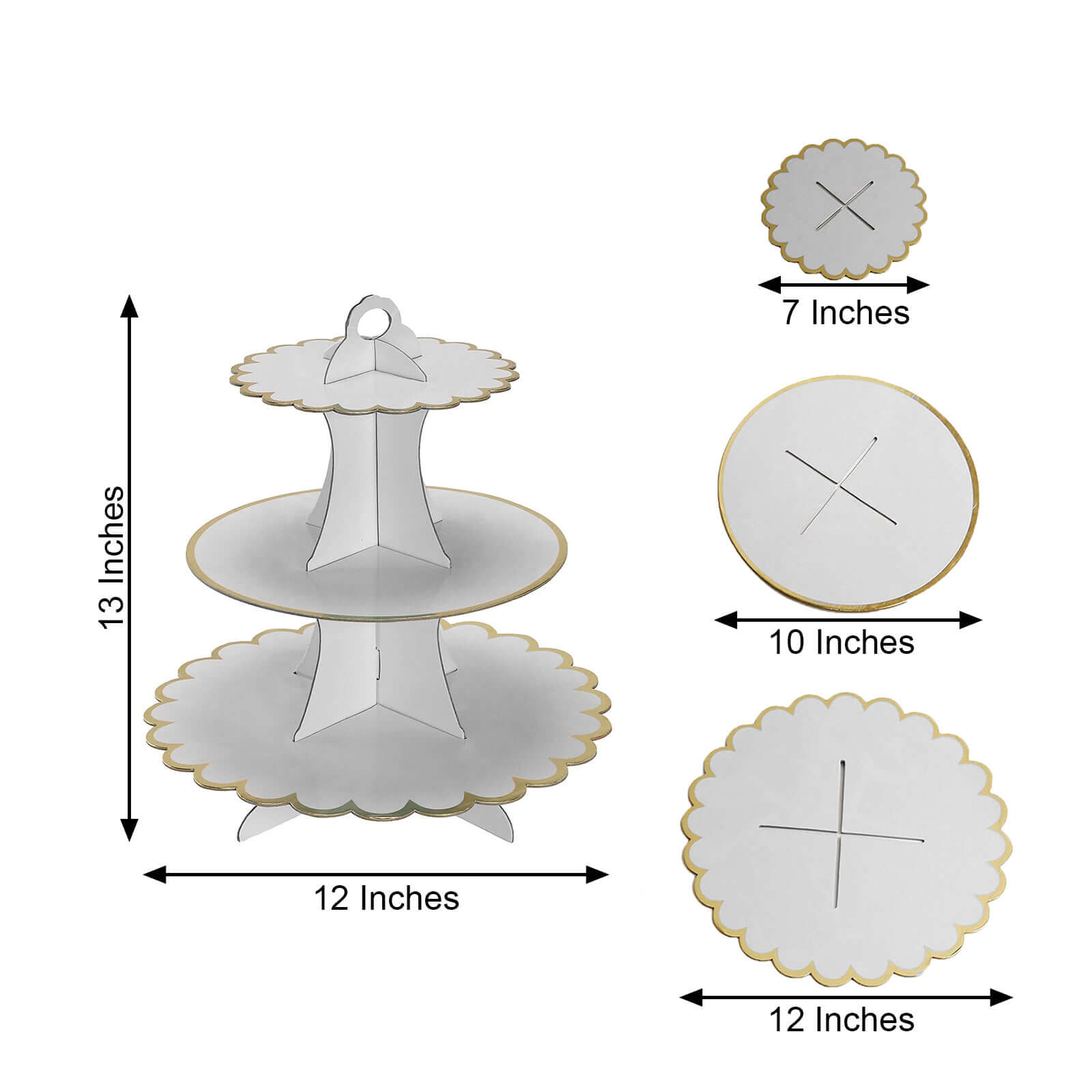 3-Tier Cardboard Cupcake Stand White - Sturdy & Collapsible Dessert Treat Tower with Gold Scalloped Rim for Baby Shower Wedding & Party Decor 13"