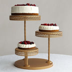 3 - Tier Dessert Stand Hollow Lace Round Design Gold - Cupcake Tower and Tiered Cake Display Metal 21" - Bell Racket Store