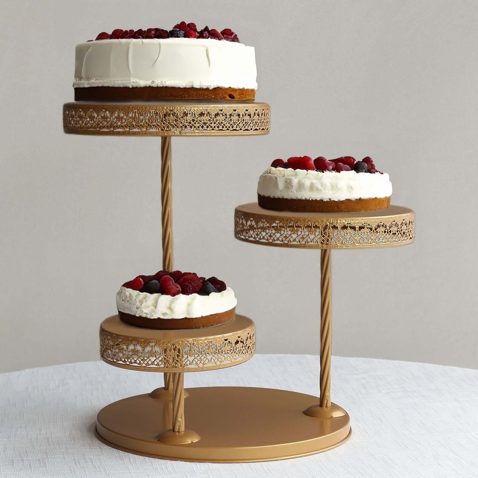 3 - Tier Dessert Stand Hollow Lace Round Design Gold - Cupcake Tower and Tiered Cake Display Metal 21" - Bell Racket Store