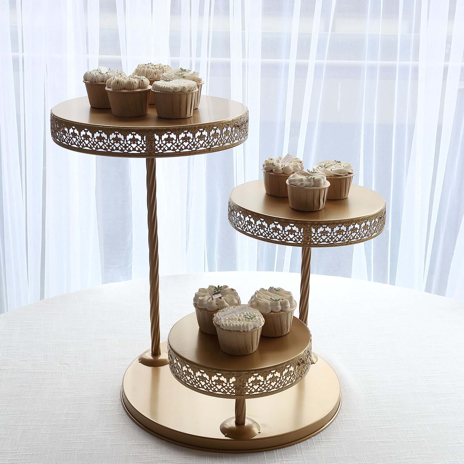 3 - Tier Dessert Stand Hollow Lace Round Design Gold - Cupcake Tower and Tiered Cake Display Metal 21" - Bell Racket Store