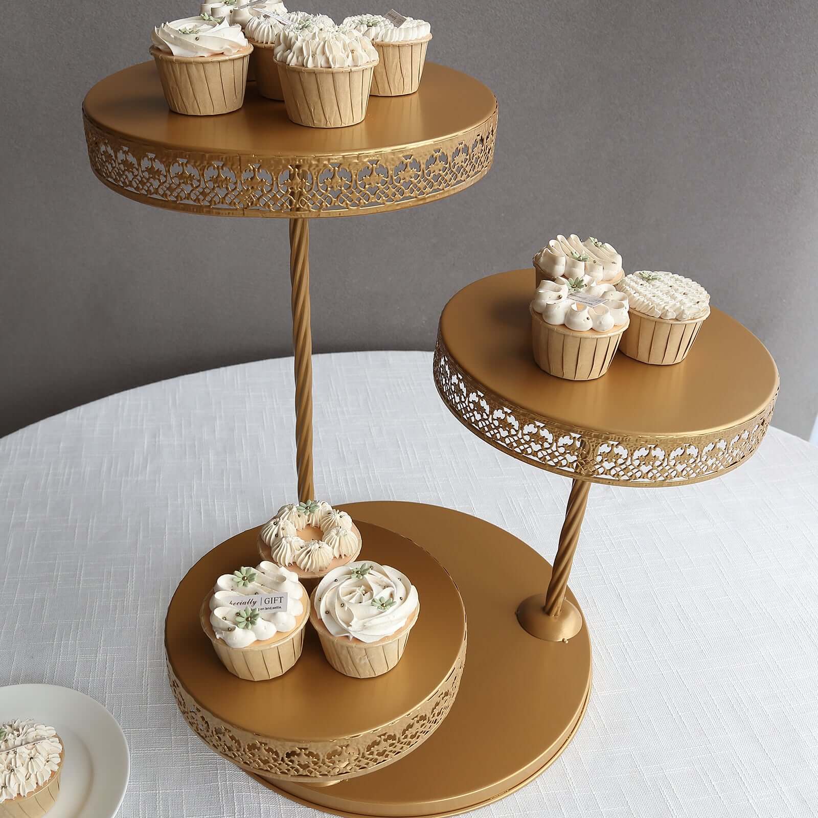 3 - Tier Dessert Stand Hollow Lace Round Design Gold - Cupcake Tower and Tiered Cake Display Metal 21" - Bell Racket Store