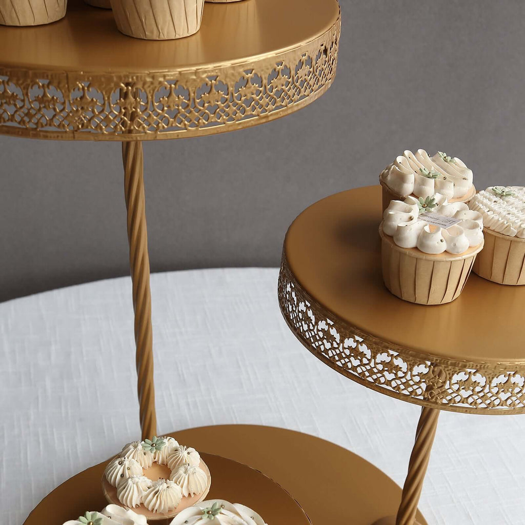 3 - Tier Dessert Stand Hollow Lace Round Design Gold - Cupcake Tower and Tiered Cake Display Metal 21" - Bell Racket Store