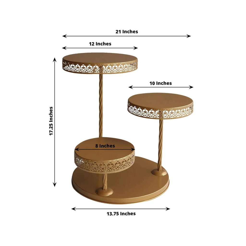 3 - Tier Dessert Stand Hollow Lace Round Design Gold - Cupcake Tower and Tiered Cake Display Metal 21" - Bell Racket Store